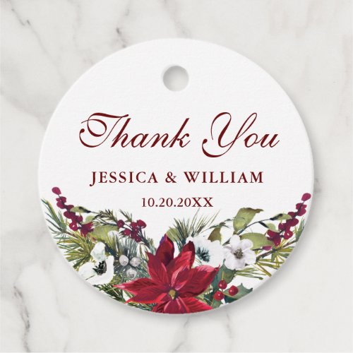 Red Poinsettia Floral Wedding Thank You round Favor Tags