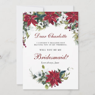 Red Poinsettia Floral Will You Be My Bridesmaid Invitation