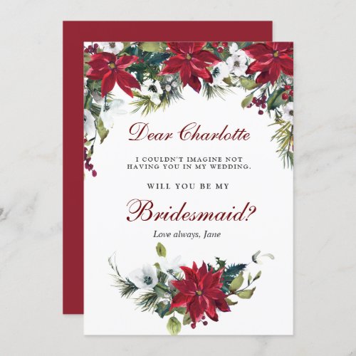 Red Poinsettia Floral  Will You Be My Bridesmaid Invitation