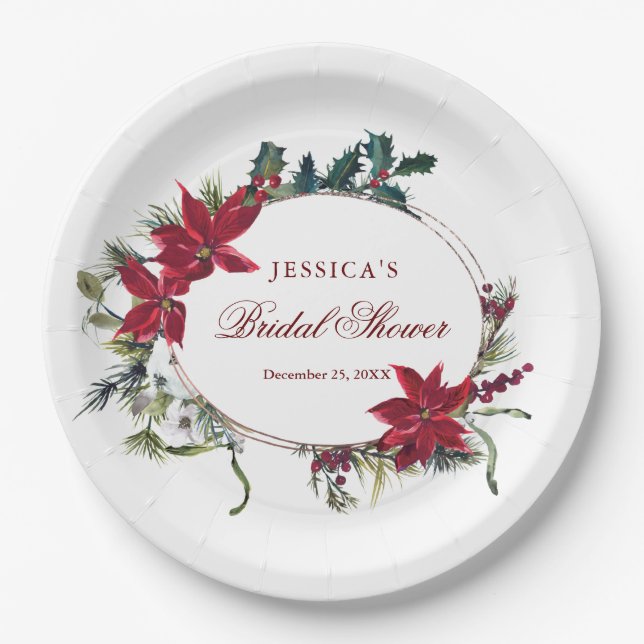 Red Poinsettia Floral Winter Bridal Shower Party Paper Plates (Front)