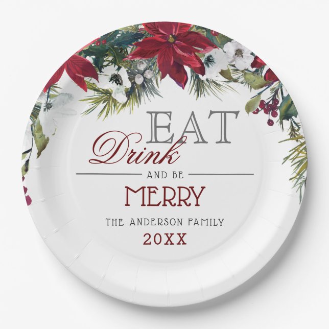 Red Poinsettia Floral Winter Christmas Party Paper Plates (Front)