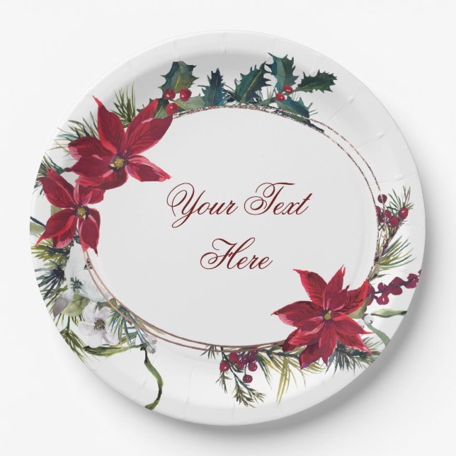 Red Poinsettia Floral Winter Christmas Party Paper Plates (Front)