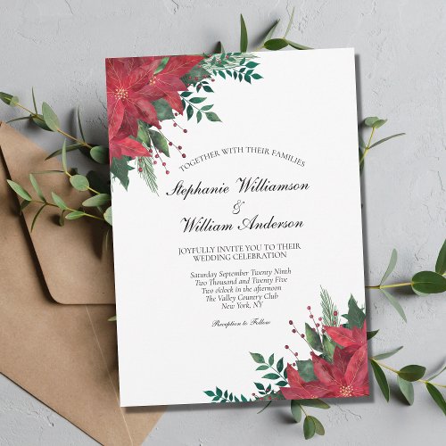 Red Poinsettia Floral Winter Christmas Wedding   Invitation