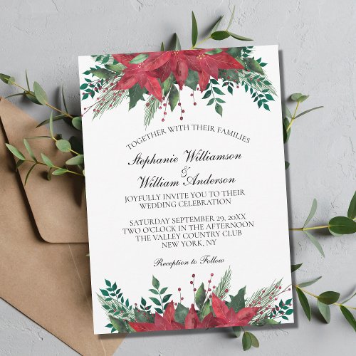 Red Poinsettia Floral Winter Christmas Wedding  Invitation