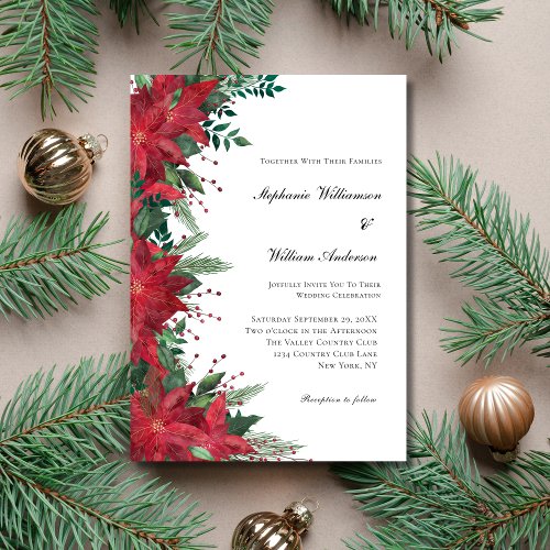 Red Poinsettia Floral Winter Christmas Wedding  Invitation