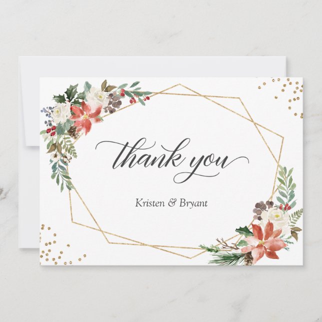 Red Poinsettia Floral Winter Christmas Wedding Thank You Card (Front)