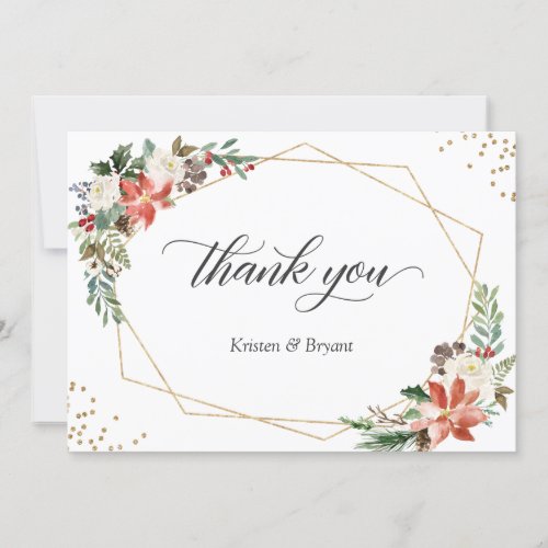 Red Poinsettia Floral Winter Christmas Wedding Thank You Card