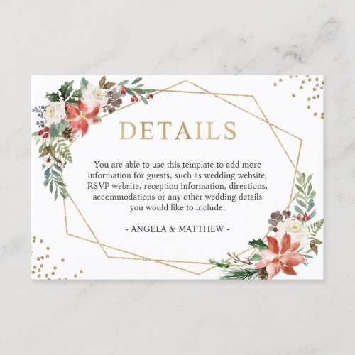 Red Poinsettia Floral Winter Wedding Details Enclosure Card