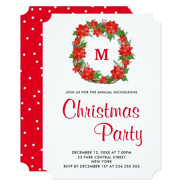Red Poinsettia Floral Wreath Christmas Party Invitation