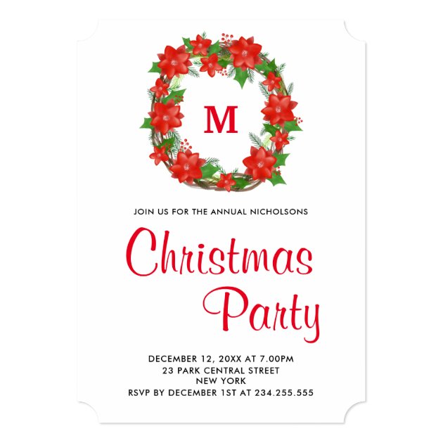 Red Poinsettia Floral Wreath Christmas Party Invitation