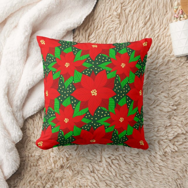 Red Poinsettia Flower Botanical Holiday Pattern  Throw Pillow (Blanket)