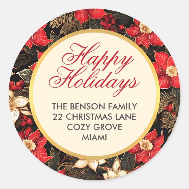 Red Poinsettia Flower Happy Holidays Christmas Classic Round Sticker (Front)