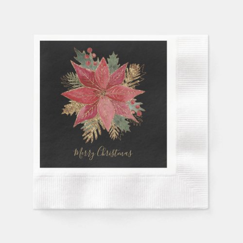 Red Poinsettia Flower Merry Christmas Party Paper Napkins