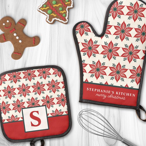 Red Poinsettia Flower Pattern Floral Monogrammed Oven Mitt &Amp;Amp; Pot Holder Set