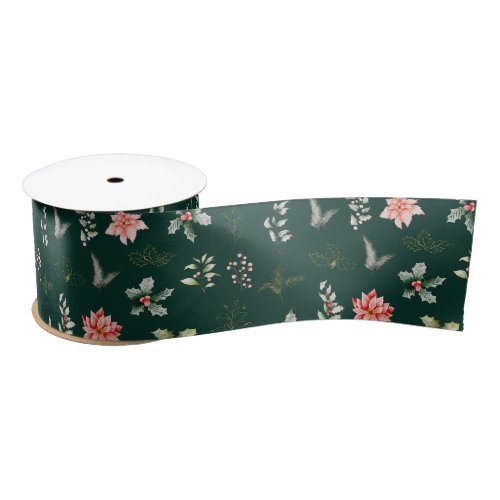 Red Poinsettia Flowers and Foliage on Dark Green Satin Ribbon