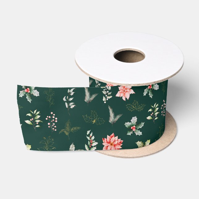 Red Poinsettia Flowers and Foliage on Dark Green Satin Ribbon (Spool)