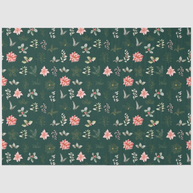 Red Poinsettia Flowers and Foliage on Dark Green Tissue Paper (Front)