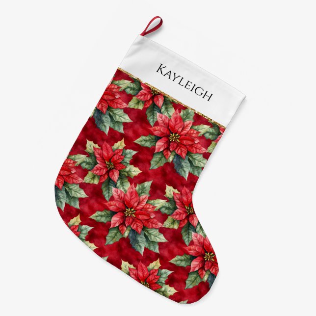 Red Poinsettia Flowers Christmas Gold Glitter Large Christmas Stocking (Front (Hanging))