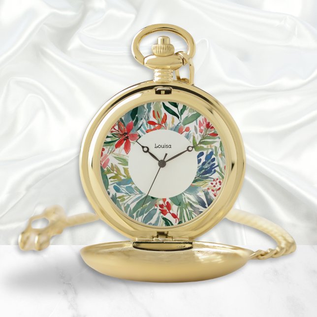 Red Poinsettia Flowers Elegant Floral Christmas Pocket Watch (A beautiful classic-style pocket watch with red poinsettia floral design in a watercolor effect)