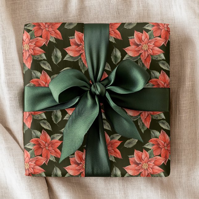 Red Poinsettia Flowers Festive Christmas Holidays Wrapping Paper (Creator Uploaded)