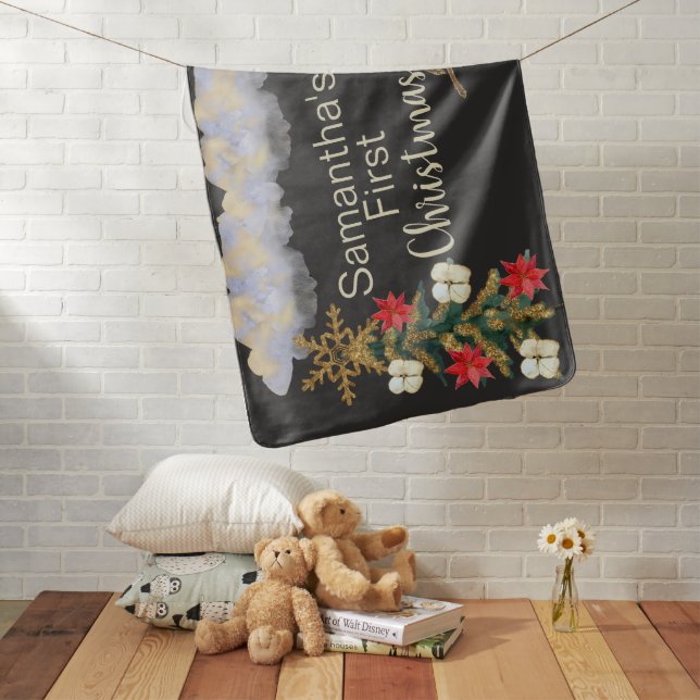 Red Poinsettia Flowers Gold Trees Baby 1Christmas Baby Blanket (In Situ)