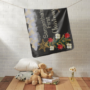 Red Poinsettia Flowers Gold Trees Baby 1Christmas Blanket