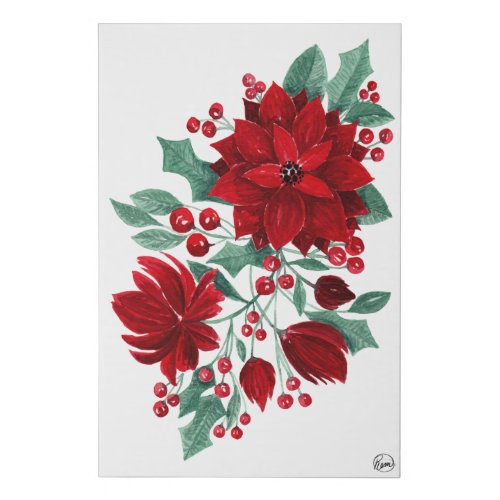 Red Poinsettia Flowers Ivy Leaves Watercolor Art Faux Canvas Print