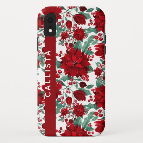 Red Poinsettia Flowers Ivy Leaves Watercolor Name iPhone XR Case