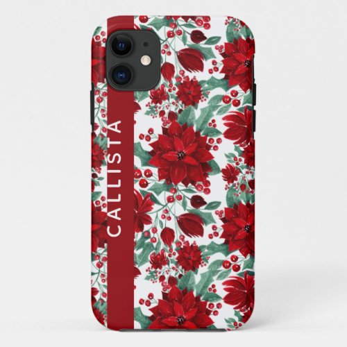 Red Poinsettia Flowers Ivy Leaves Watercolor Name iPhone 11 Case