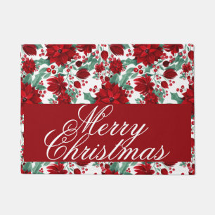 Red Poinsettia Flowers Ivy Leaves Watercolor Name Doormat