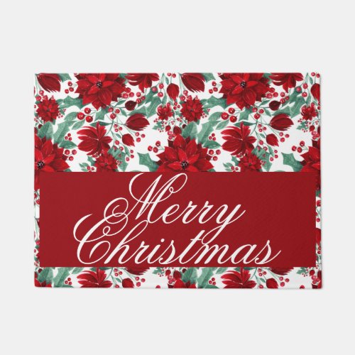 Red Poinsettia Flowers Ivy Leaves Watercolor Name Doormat