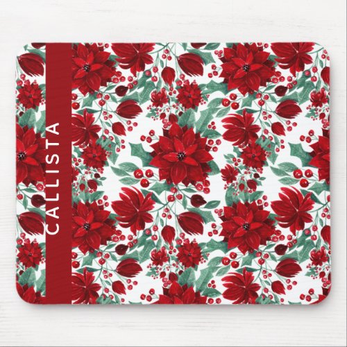 Red Poinsettia Flowers Ivy Leaves Watercolor Name Mouse Pad