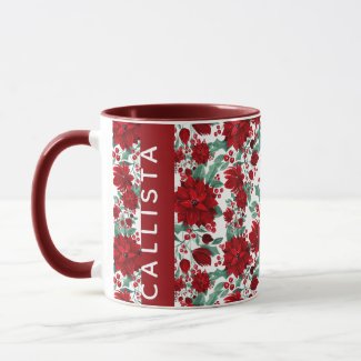 Red Poinsettia Flowers Ivy Leaves Watercolor Name Mug