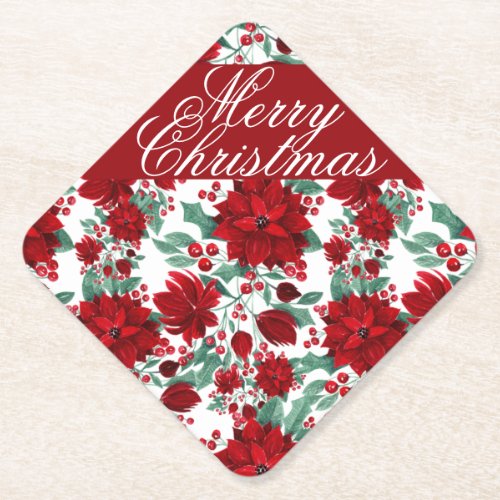 Red Poinsettia Flowers Ivy Leaves Watercolor Name Paper Coaster