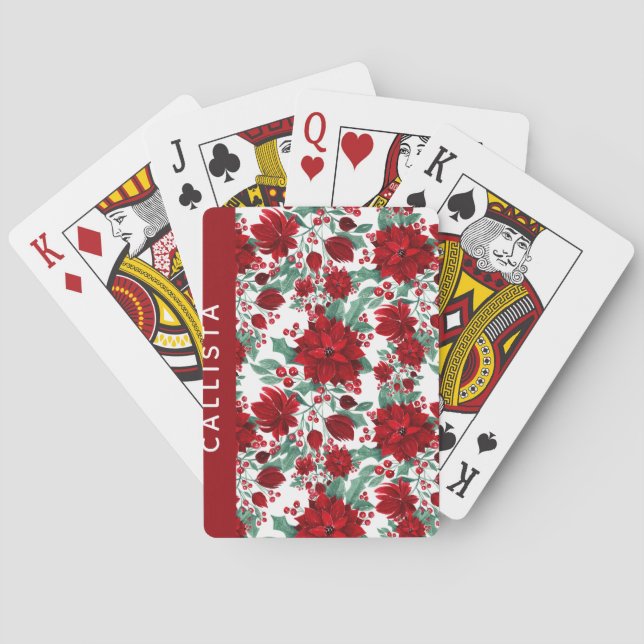 Red Poinsettia Flowers Ivy Leaves Watercolor Name Poker Cards (Back)