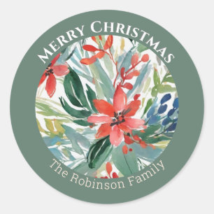 Red Poinsettia Flowers Leaves Elegant Botanical Classic Round Sticker