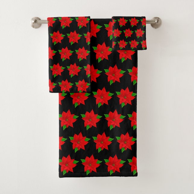 Red Poinsettia Flowers on Black Bath Towel Set (Insitu)