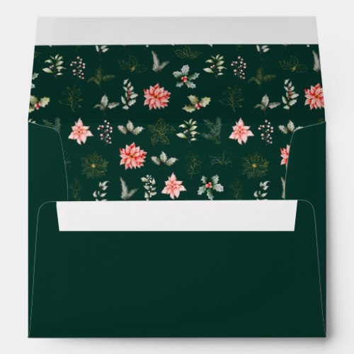 Red Poinsettia Flowers on Dark Green Envelope