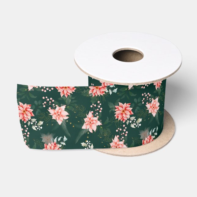 Red Poinsettia Flowers on Dark Green Satin Ribbon (Spool)
