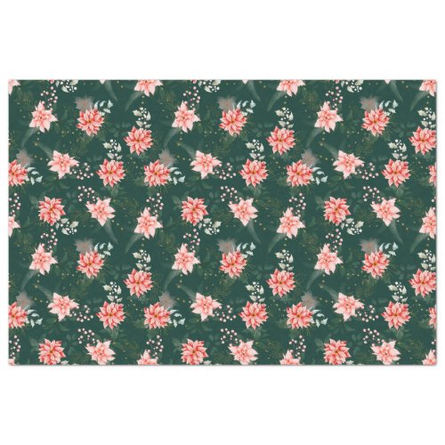 Red Poinsettia Flowers on Dark Green Tissue Paper