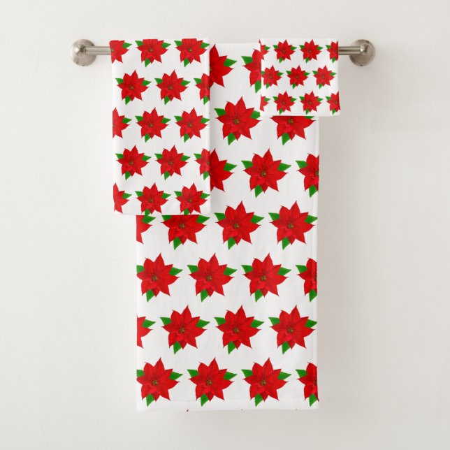 Red Poinsettia Flowers on White Bath Towel Set (Insitu)