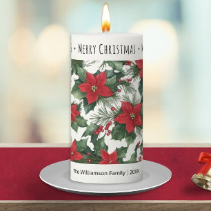 Red Poinsettia Flowers Personalized Christmas Pillar Candle