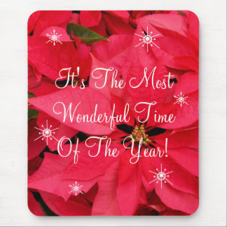 Red Poinsettia Flowers Snow Flakes Christmas Mouse Pad