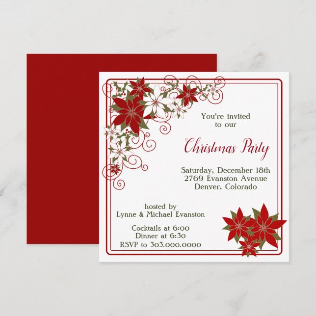 Red Poinsettia Frame Christmas Party Invitation (Front/Back)