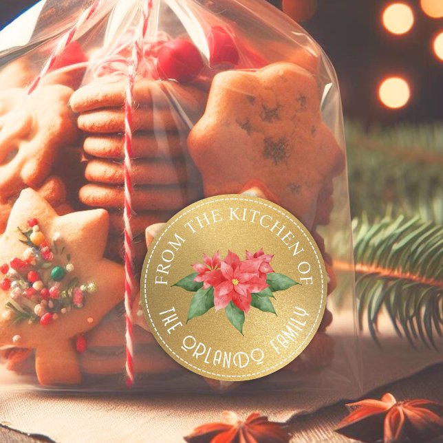 Red Poinsettia From the Kitchen Gold Christmas Classic Round Sticker (Creator Uploaded)