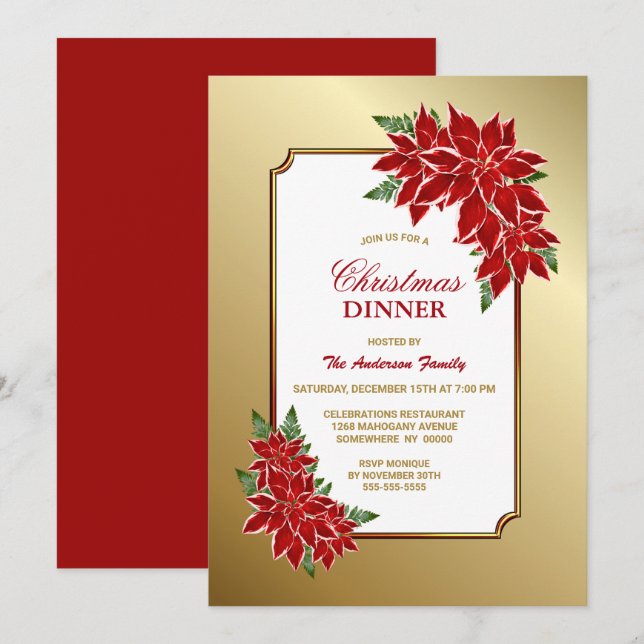Red Poinsettia Gold Border Christmas Dinner  Invitation (Front/Back)