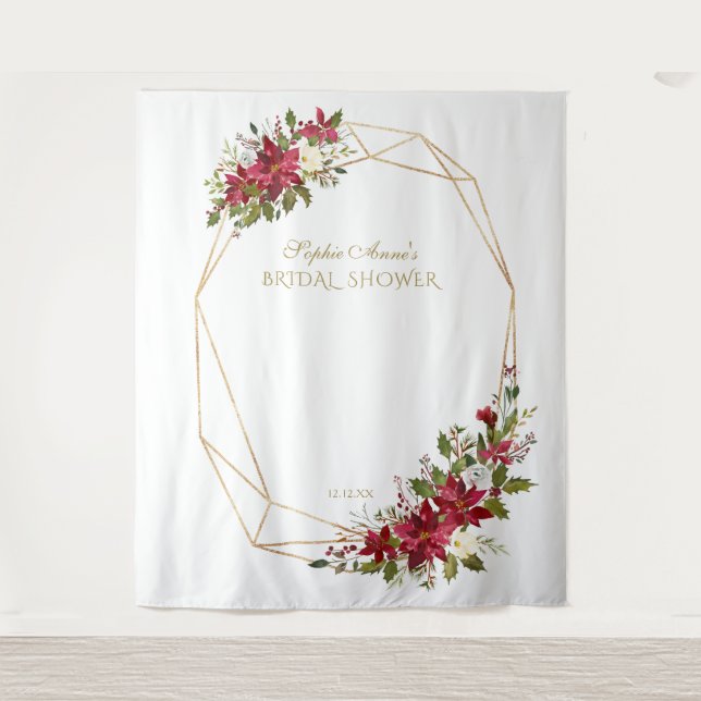 Red Poinsettia Gold Bridal Shower Photo Booth Prop Tapestry (Front)