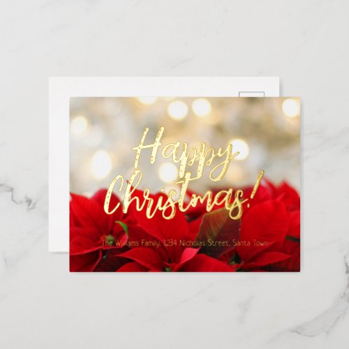 Red Poinsettia Gold Foil Script Happy Christmas Foil Holiday Postcard