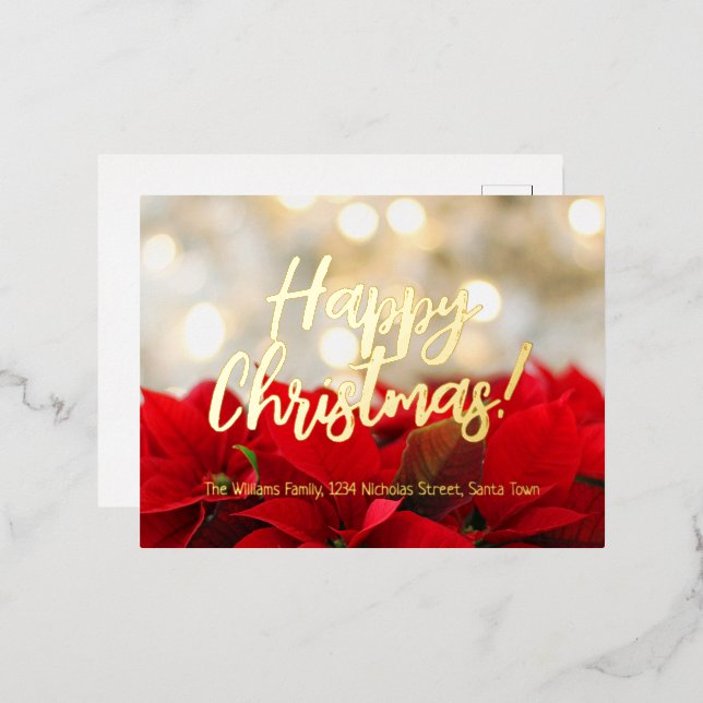 Red Poinsettia Gold Foil Script Happy Christmas Foil Holiday Postcard (Front/Back)