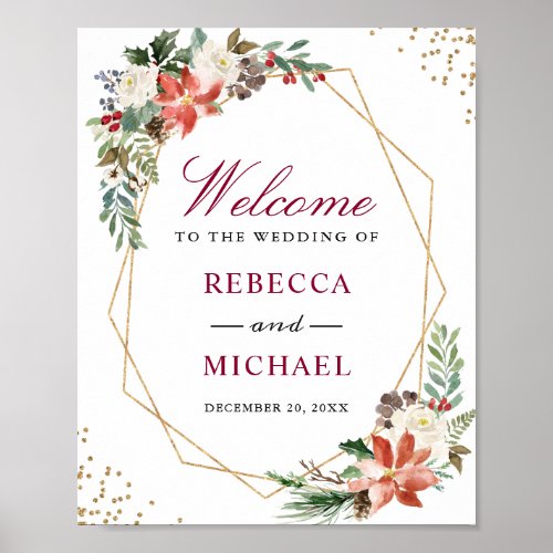 Red Poinsettia Gold Holiday Wedding Welcome Sign